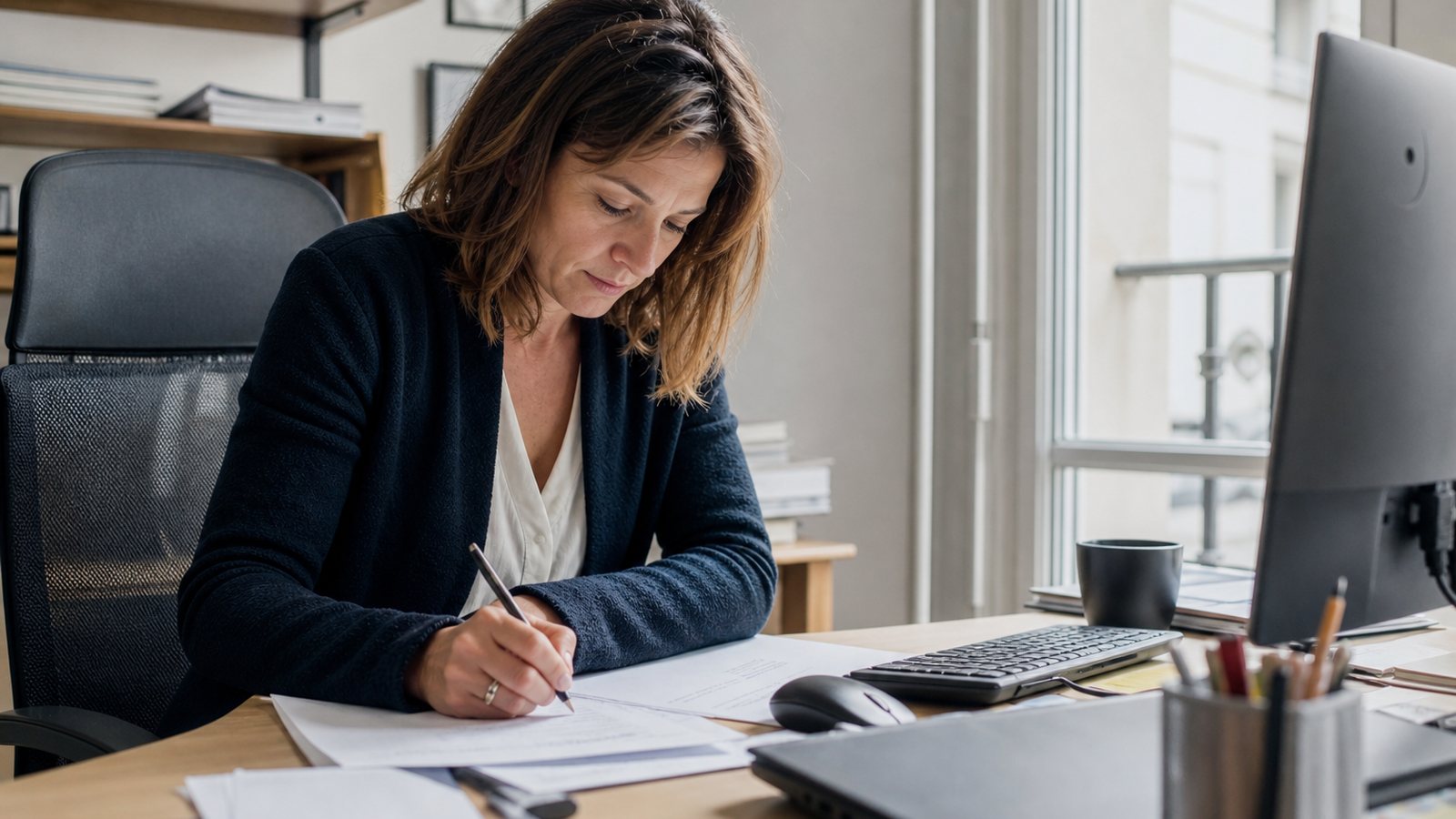 Dirigeante d'une petite entreprise rédigeant les règles de congés de son équipe