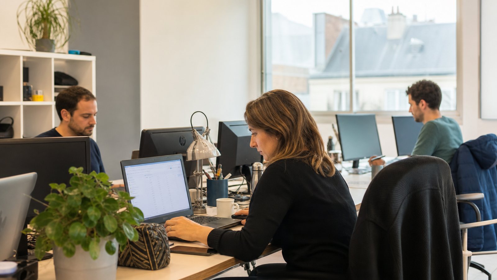 Petite équipe réunie autour d'un bureau consultant le planning des absences