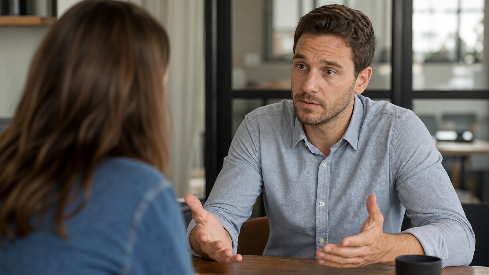 Salarié remplissant une demande de congés devant son manager dans un bureau clair